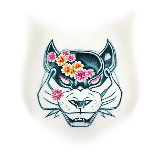 hannya mask and a black panther with flowers adapted for arm tattoo tattoo design idea