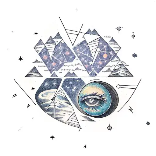 Constellation, telescope, trees, shapes, intricate, earth, moon, universe, golden ratio, eye tattoo design idea