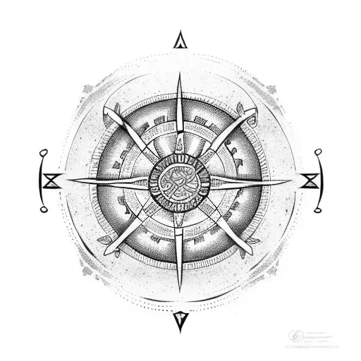 A dotwork tattoo of a Viking compass, featuring Norse symbols and runes, representing guidance and direction. tattoo design idea