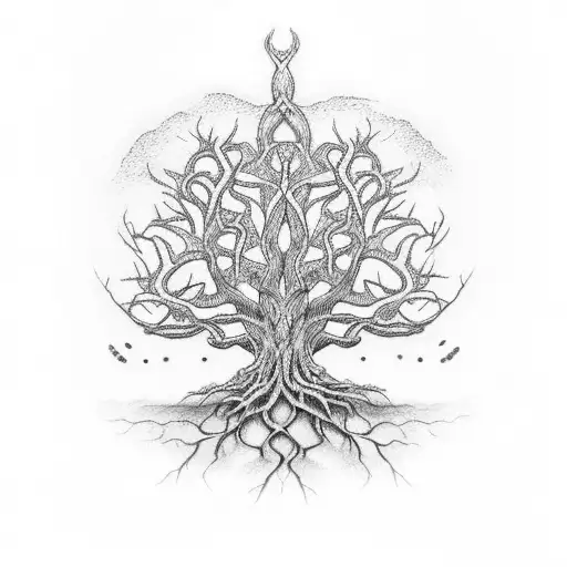 A dotwork tattoo of Yggdrasil, the tree of life in Norse mythology, with intricate roots and branches. tattoo design idea