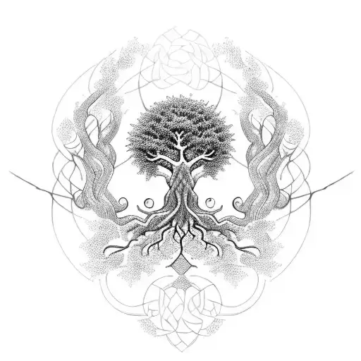 A dotwork tattoo of Yggdrasil, the tree of life in Norse mythology, with intricate roots and branches. tattoo design idea
