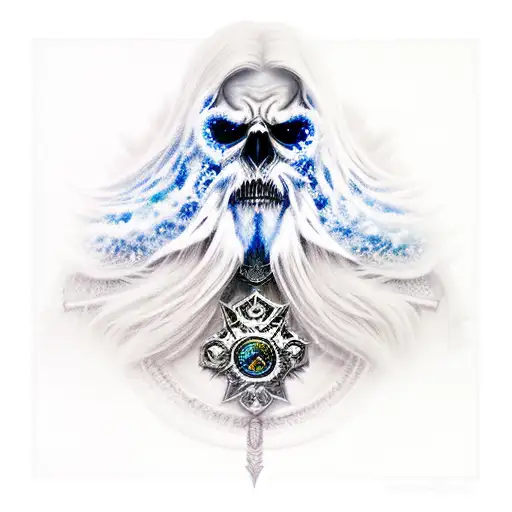 A realistic portrait of the Lich King surrounded by hauntingly beautiful dark angels tattoo design idea
