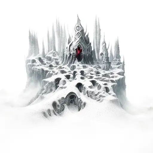 A dark fantasy landscape featuring the Lich King and a legion of demons tattoo design idea