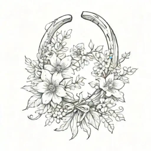 delicate feminine horseshoe with intertwined delicate wild  flowers tattoo design idea