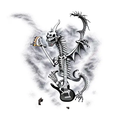 A fierce dragon battling a guitar wielding skeleton tattoo design idea