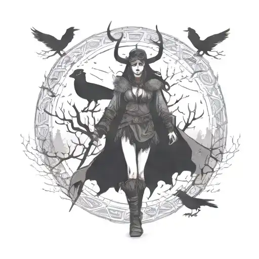 a Viking witch with runes on her face and antlers on her head walking through a foggy forest, three crows flying  tattoo design idea