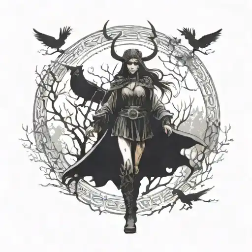 a Viking witch with runes on her face and antlers on her head walking through a foggy forest, three crows flying  tattoo design idea