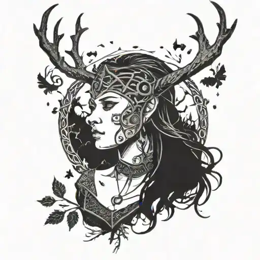 a Viking witch with runes on her face and antlers on her head walking through a foggy forest, three crows flying  tattoo design idea