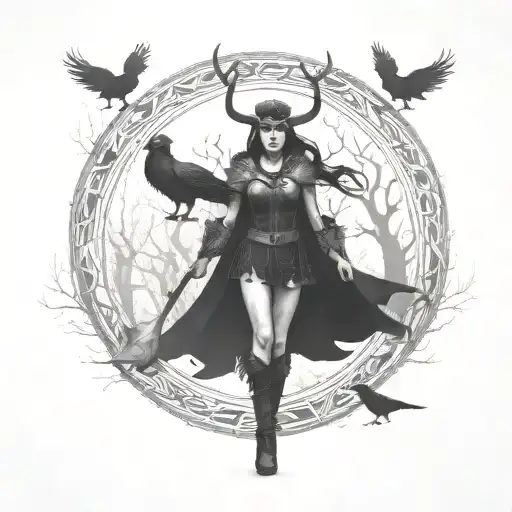 a Viking witch with runes on her face and antlers on her head walking through a foggy forest, three crows flying  tattoo design idea