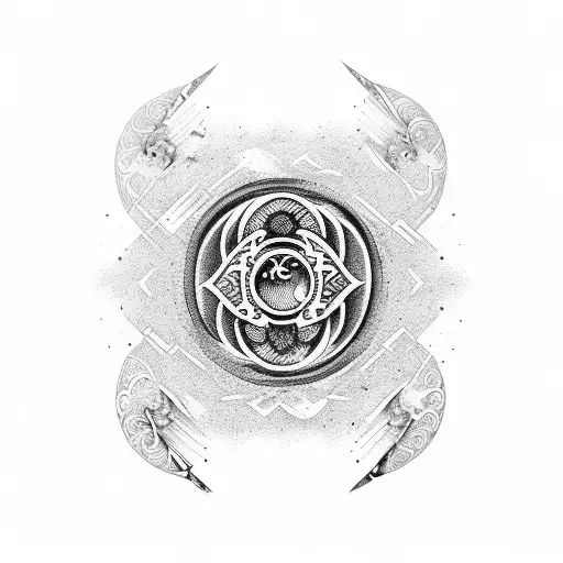 Dotwork tattoo of a yin yang symbol composed of drumsticks and samurai swords tattoo design idea
