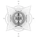 Dotwork tattoo of a yin yang symbol composed of drumsticks and samurai swords tattoo design idea