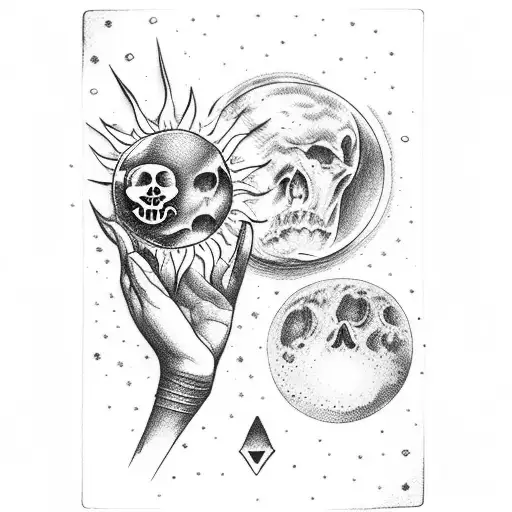 Bone hand holding the sun tarot card and the moon tarot cards  tattoo design idea