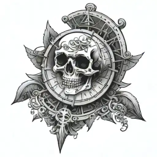 flying skull laughing inside an ancient compass tattoo design idea