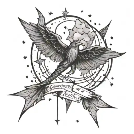 A celestial tattoo of the Gemini constellation intertwined with Harry Potter's lightning bolt scar and Taylor Swift lyrics, done in black-grey style tattoo design idea