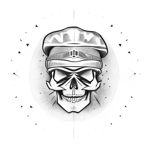 A skull wearing a mechanic's hat adorned with Mexican sugar skull designs tattoo design idea