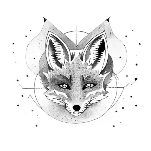 A sleeve tattoo featuring a fox traveling through a cosmic landscape, with elements of the Virgo zodiac sign integrated into the scenery tattoo design idea