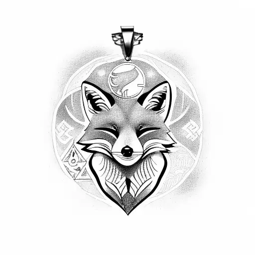 A fox wearing a Virgo zodiac symbol as a pendant while exploring different travel destinations tattoo design idea