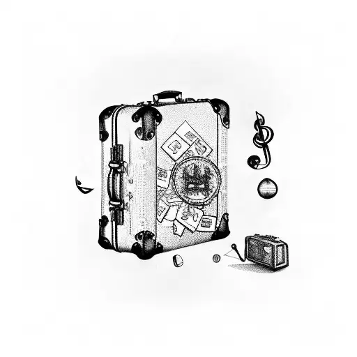 A vintage suitcase covered in travel stamps and musical symbols tattoo design idea