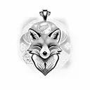 A fox wearing a Virgo zodiac symbol as a pendant while exploring different travel destinations tattoo design idea