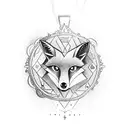 A fox wearing a Virgo zodiac symbol as a pendant while exploring different travel destinations tattoo design idea