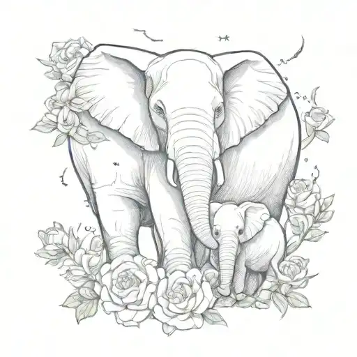 mother elephant with 2 babies with roses,with I love you to the moon and back tattoo design idea