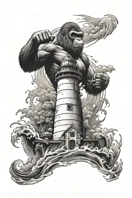 Lighthouse in stormy sea, in the background roaring gorilla pointing finger at you, hourglass tattoo design idea