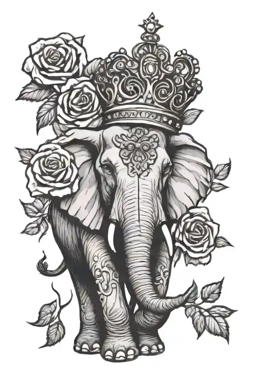 elephant with crown surrounded by roses tattoo design idea