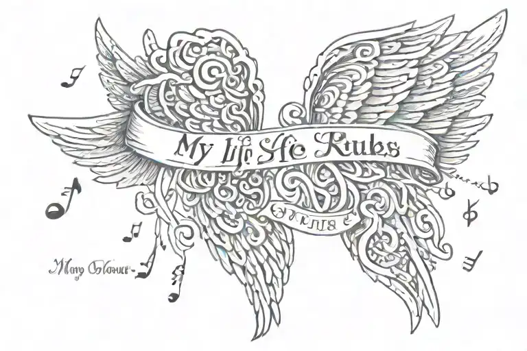 Angel wings with musical notes and the phrase my life, my rules  tattoo design idea