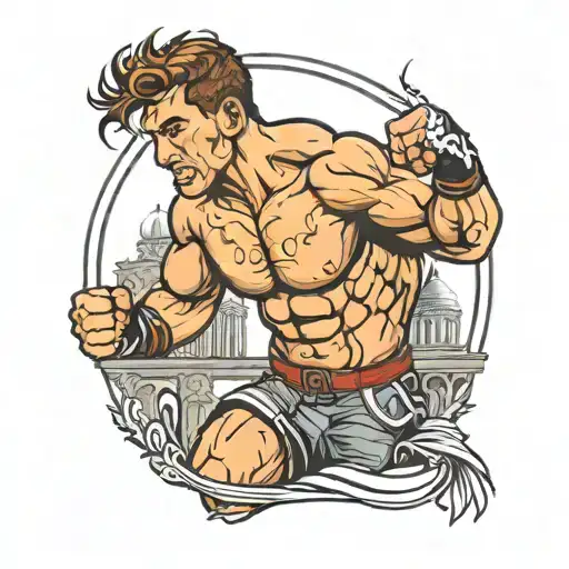 A new-school tattoo design of a fighter in a MMA ring, surrounded by intricate architectural elements like columns and arches tattoo design idea
