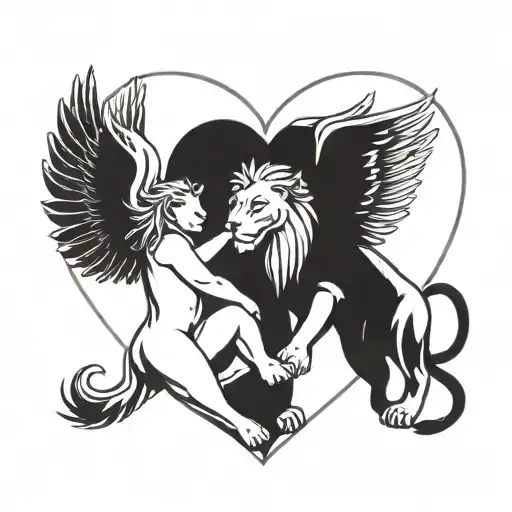 A lion and angel forming a heart shape, symbolizing the love and protection you have for your family tattoo design idea