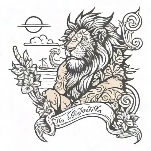 Un león con un cigarro de weed sentado en la playa viendo al mar en el atardecer tattoo design idea