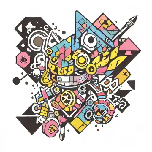 A psychedelic video game character surrounded by colorful geometric shapes tattoo design idea