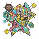 A psychedelic video game character surrounded by colorful geometric shapes tattoo design idea
