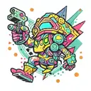 A psychedelic video game character surrounded by colorful geometric shapes tattoo design idea