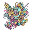 A psychedelic video game character surrounded by colorful geometric shapes tattoo design idea