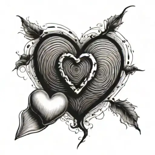 thumbprint of my wife and thumbprint of mine in the shape of a heart, with four small hearts surrounding it. tattoo design idea