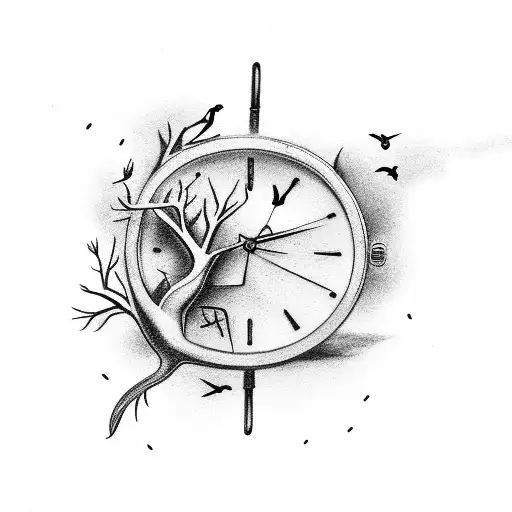 broken watch anchor and black tree with birds comming out tattoo design idea