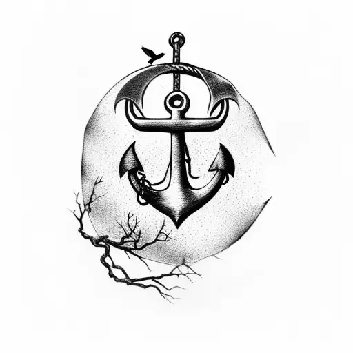 anchor with broken watch and black tree with birds comming out tattoo design idea