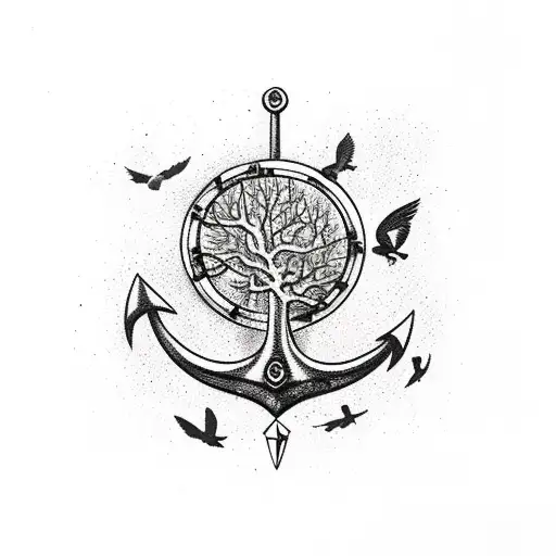 broken watch anchor and black tree with birds comming out tattoo design idea