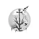 broken watch anchor and black tree with birds comming out tattoo design idea