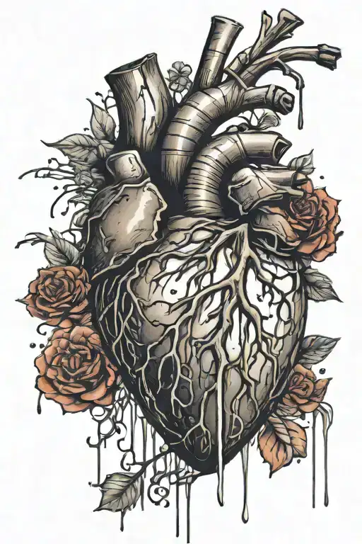 shoulder tat concept  heart with wooden skewer poking through blood drizzling and veins overgrowing though and out of th tattoo design idea