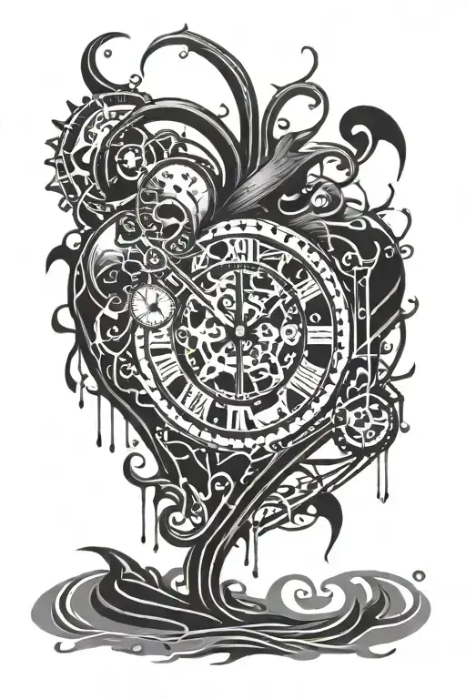 heart with a wooden stake  pearcing through with blood drizzling and veins overgrowing though and out of a broken clock  tattoo design idea