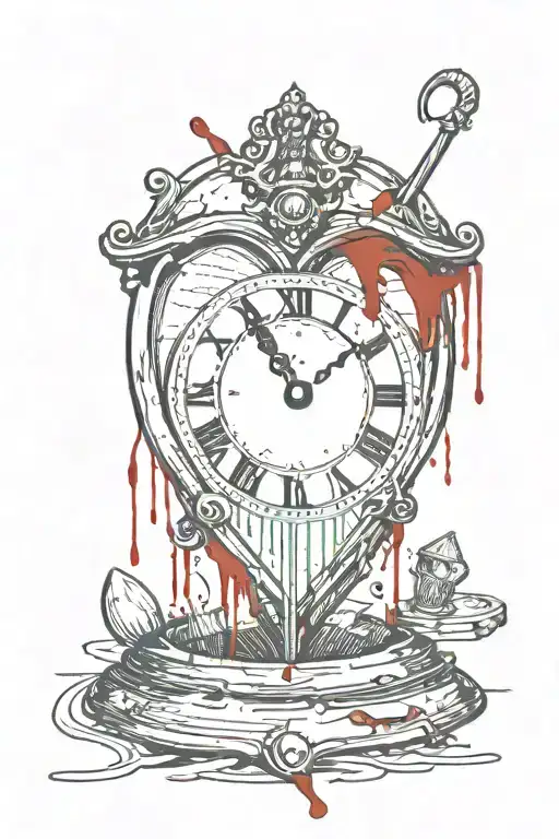 heart with a wooden stake  pearcing through with blood drizzling and veins overgrowing though and out of a broken clock  tattoo design idea
