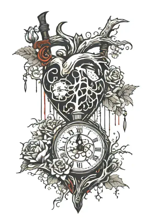heart with a wooden stake  pearcing through with blood drizzling and veins overgrowing though and out of a broken clock  tattoo design idea