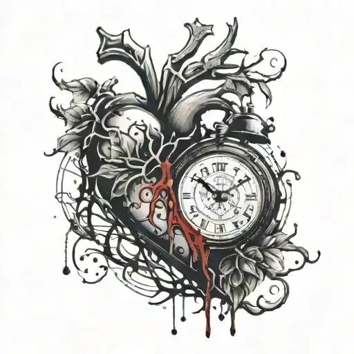 heart with a wooden stake  pearcing through with blood drizzling and veins overgrowing though and out of a broken clock  tattoo design idea