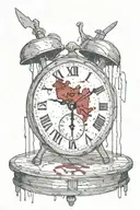 heart with a wooden stake  pearcing through with blood drizzling and veins overgrowing though and out of a broken clock  tattoo design idea