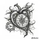 heart with a wooden stake  pearcing through with blood drizzling and veins overgrowing though and out of a broken clock  tattoo design idea