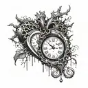 heart with a wooden stake  pearcing through with blood drizzling and veins overgrowing though and out of a broken clock  tattoo design idea