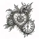 heart with a wooden stake  pearcing through with blood drizzling and veins overgrowing though and out of a broken clock  tattoo design idea