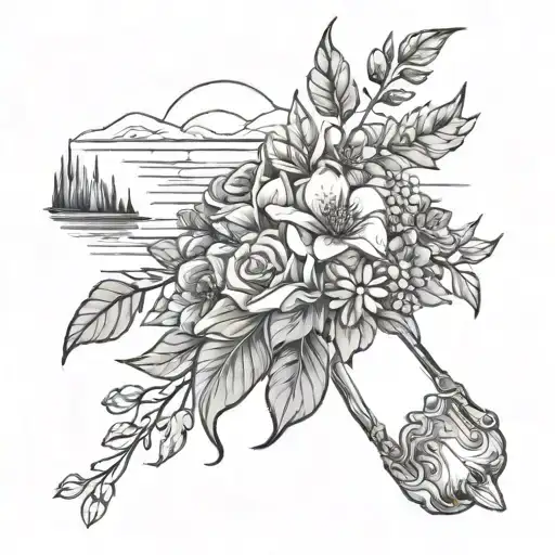 lake scene with my wedding bouquet fine line tattoo design idea